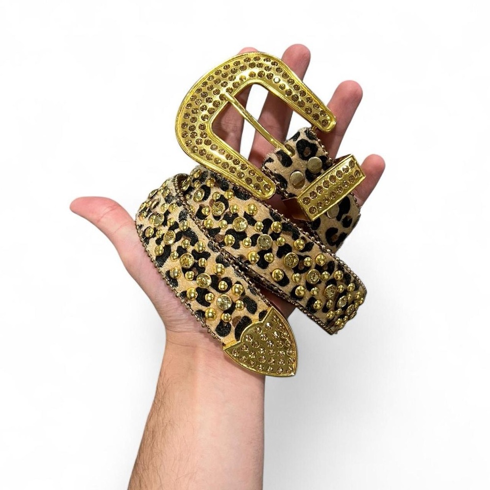 Vintage Leopard Print Belt w/ Gold Rhinestone Buckle